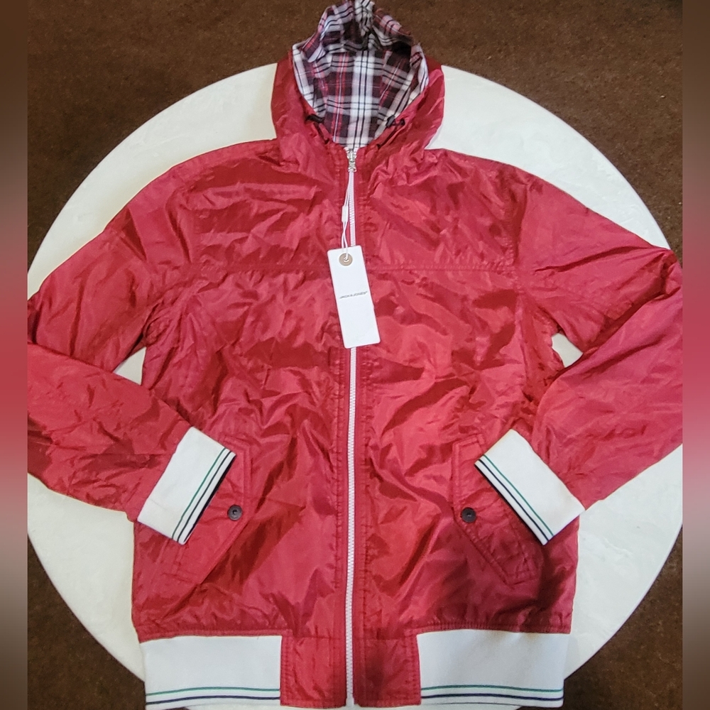 Jack & Jones Reversible Red Plaid Hoodie Windbreaker Jacket ( L )